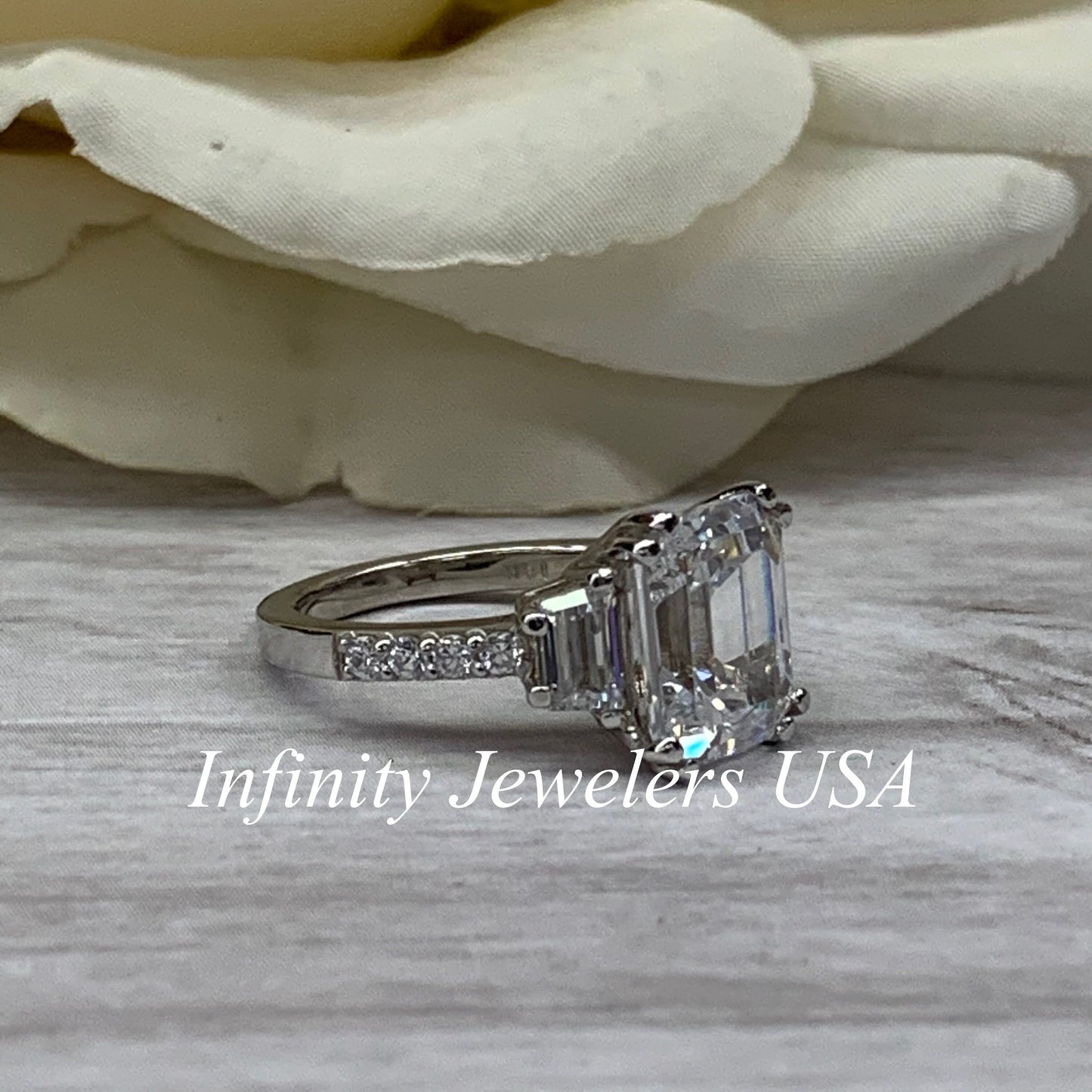 Certified Moissanite Engagement Ring, Emerald Cut Moissanite Wedding Ring, Moissanite Trapezoid Ring, 14K White Gold