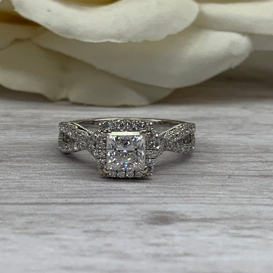 Moissanite Princess Cut Engagement Ring 14k Solid White Gold, Diamond Infinity Band, Vintage Moissanite And Diamond Halo Wedding Ring #6997