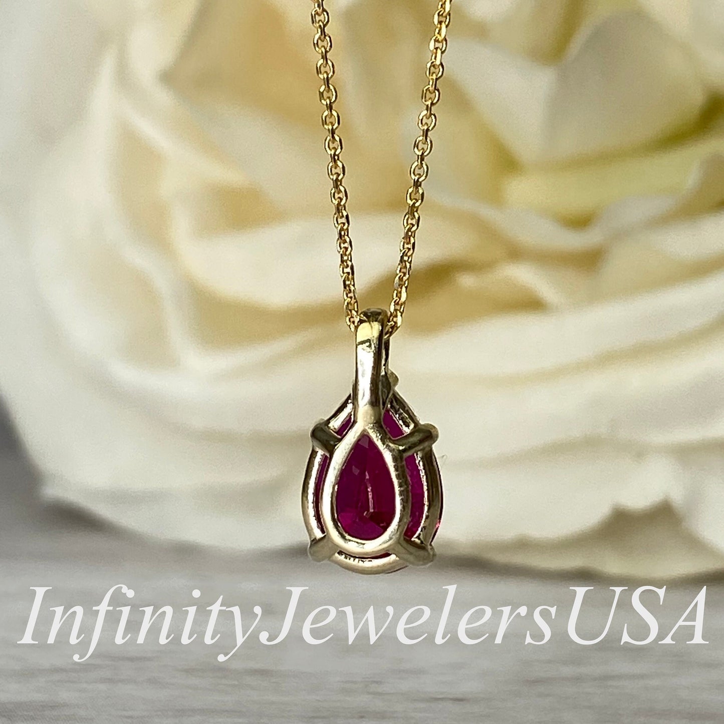 Ruby Pendant Necklace Pear Shape 14K Yellow Gold, Gold Teardrop Shape Simple Solitaire Necklace,  Ruby Pear Shape Pendant Bride Gift   #7019