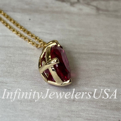 Ruby Pendant Necklace Pear Shape 14K Yellow Gold, Gold Teardrop Shape Simple Solitaire Necklace,  Ruby Pear Shape Pendant Bride Gift   #7019