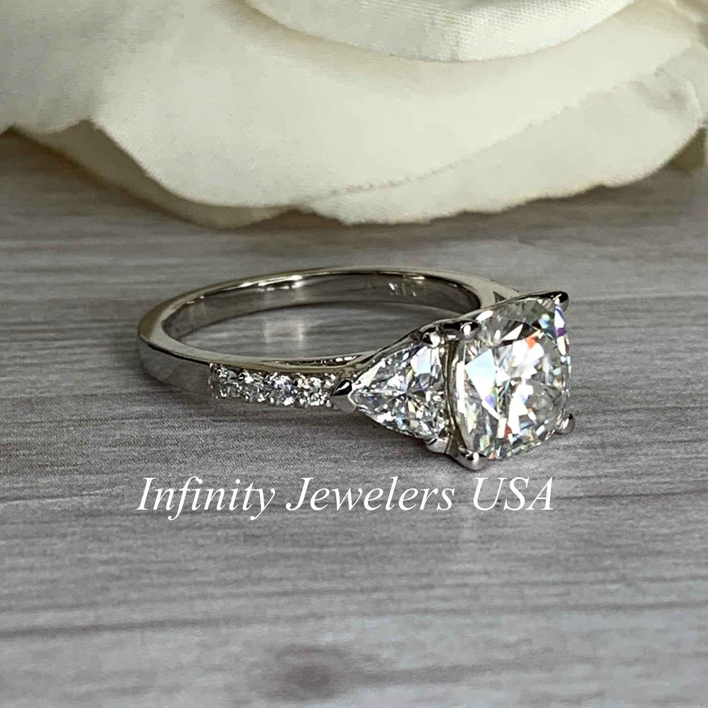 Moissanite Engagement Rings Cushion Cut 14k White Gold, #5253 Three Stone Moissanite Diamond Ring For Women, Vintage Unique Engagement Ring