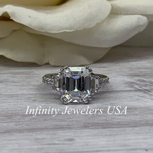 Certified Moissanite Engagement Ring, Emerald Cut Moissanite Wedding Ring, Moissanite Trapezoid Ring, 14K White Gold