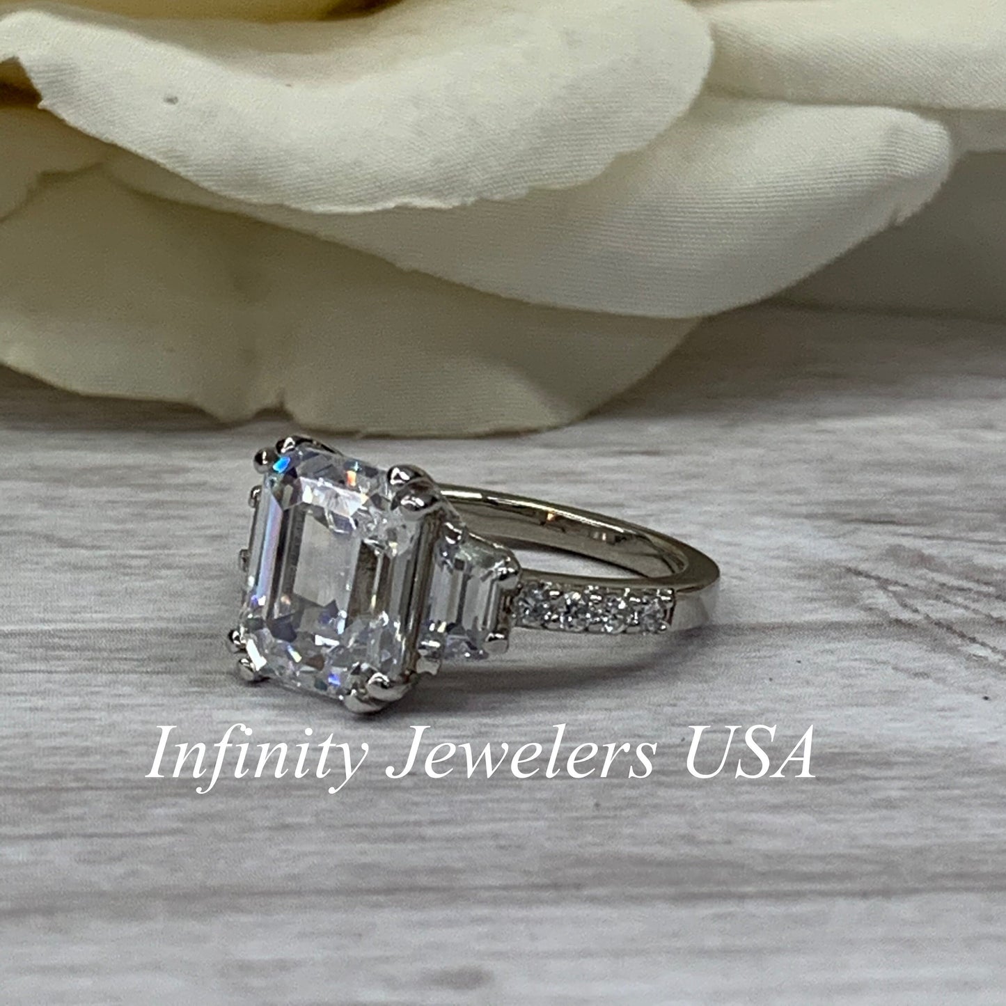 Certified Moissanite Engagement Ring, Emerald Cut Moissanite Wedding Ring, Moissanite Trapezoid Ring, 14K White Gold