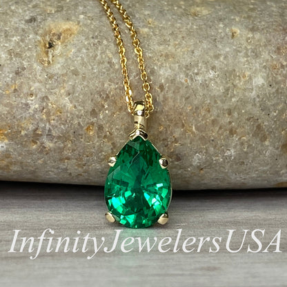 Pear Shape Emerald Pendant 14K Yellow Gold Necklace, Pear Shape Green Emerald Necklace For Ladies, Layering May Birthstone Jewelery,  #7033