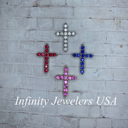 Cross Necklace With Sapphire Stones For Girls, Pink Sapphire Cross Necklace 14K Solid Gold, Pink Sapphire Cross Pendant Gift for Girls