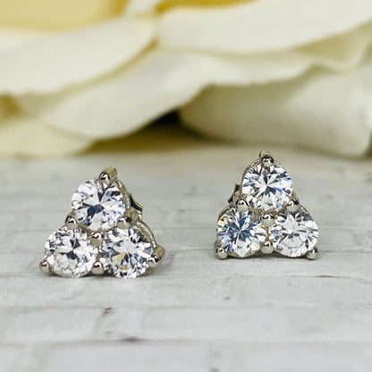 Triangle Moissanite earrings 14K White Gold, Gold Earrings Triangle Gem, Three Stone Stud Earrings, Triangle Stud Earrings,   #5662