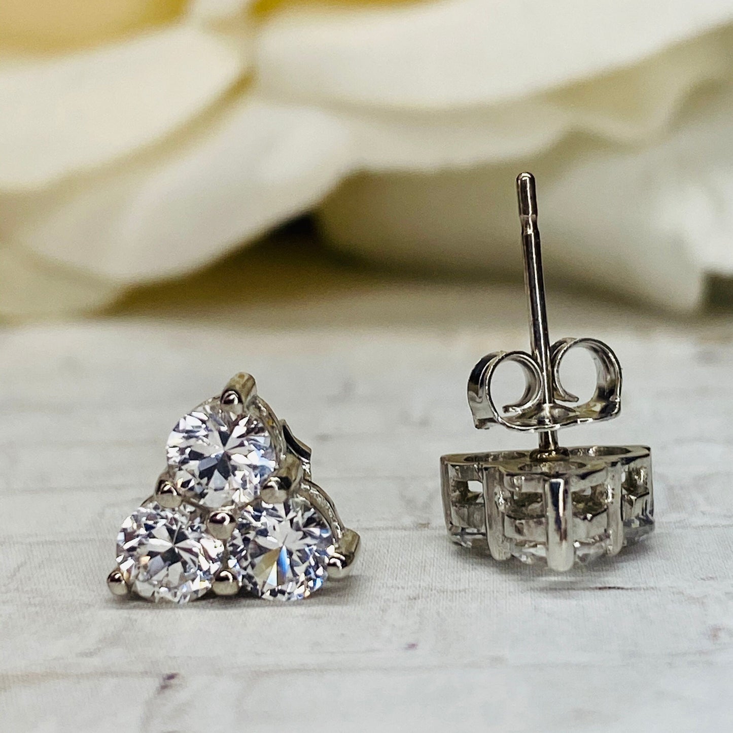 Triangle Moissanite earrings 14K White Gold, Gold Earrings Triangle Gem, Three Stone Stud Earrings, Triangle Stud Earrings,   #5662