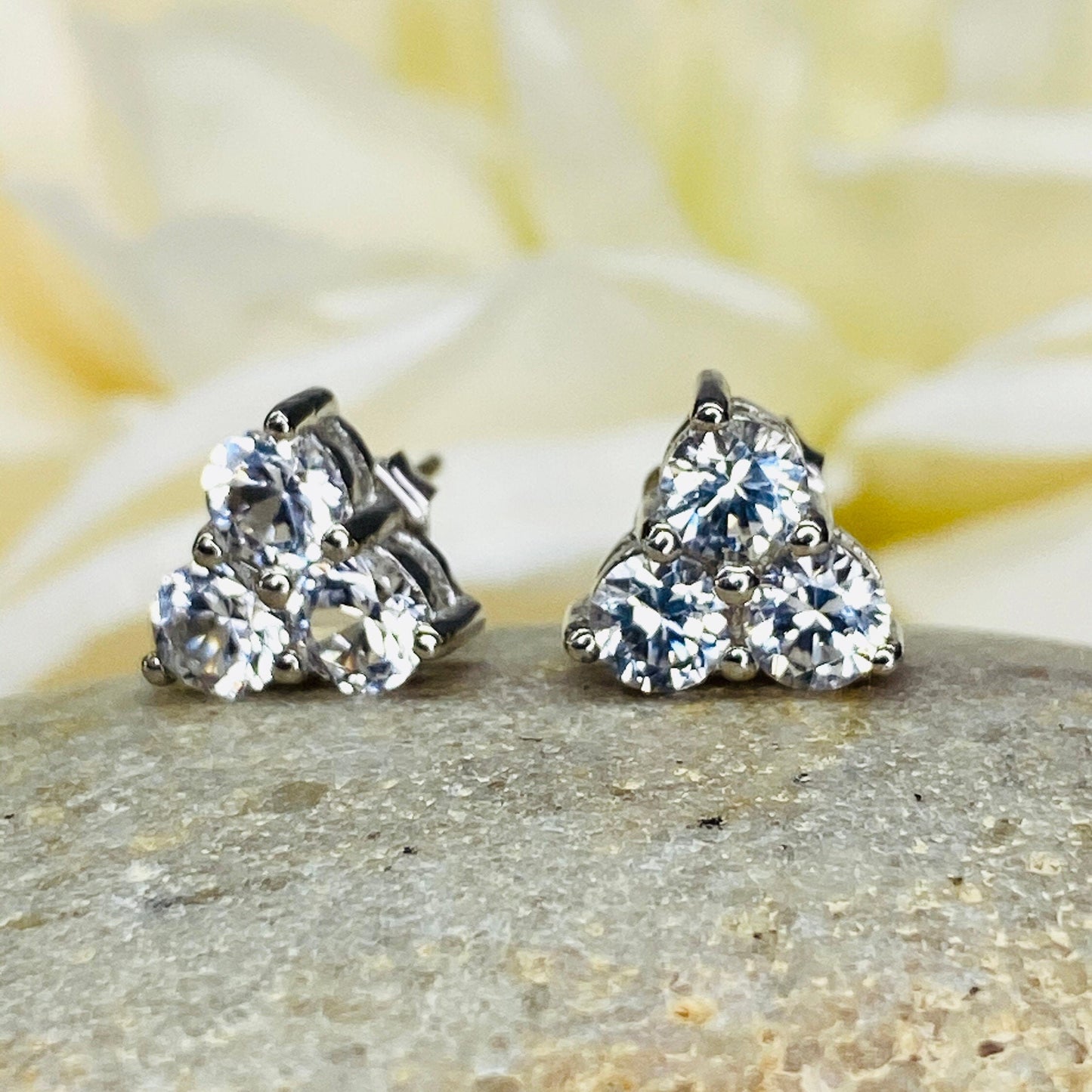 Triangle Moissanite earrings 14K White Gold, Gold Earrings Triangle Gem, Three Stone Stud Earrings, Triangle Stud Earrings,   #5662
