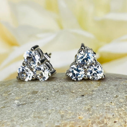 Triangle Moissanite earrings 14K White Gold, Gold Earrings Triangle Gem, Three Stone Stud Earrings, Triangle Stud Earrings,   #5662