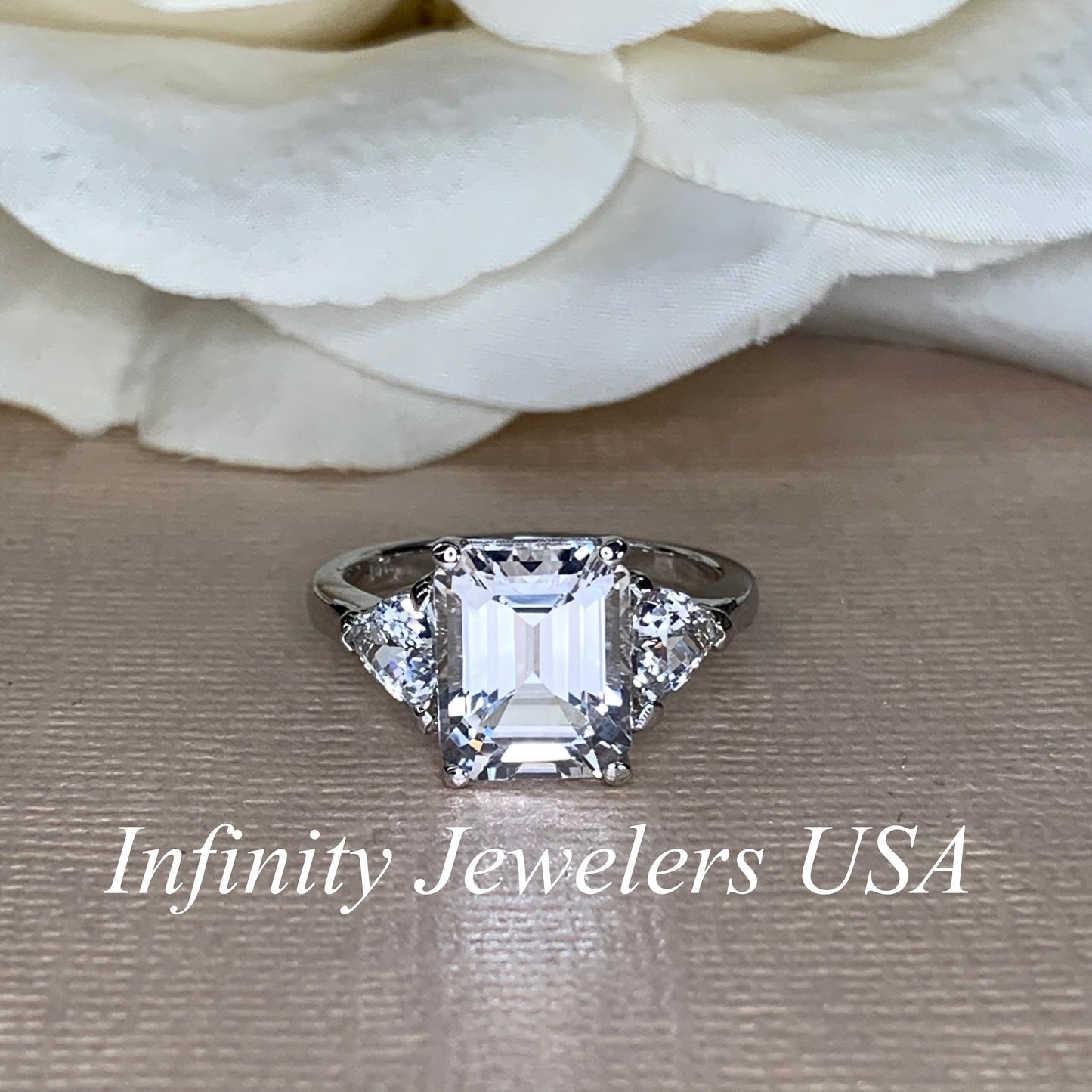 Emerald Cut Moissanite Engagement Ring, Three Stone Moissanite Ring, Moissaite Wedding Ring, Anniversary Ring, 14k Gold Ring,  #5649