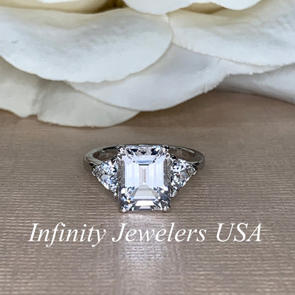 Emerald Cut Moissanite Engagement Ring, Three Stone Moissanite Ring, Moissaite Wedding Ring, Anniversary Ring, 14k Gold Ring,  #5649