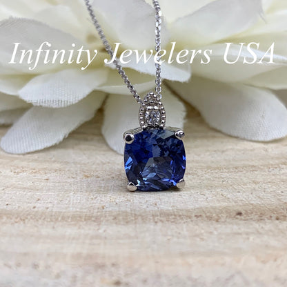 Solitaire Cushion Blue Sapphire Pendant, Sapphire and Diamond Necklace, Ladies Necklace, Engagement Gift, 14k White Gold, #6645