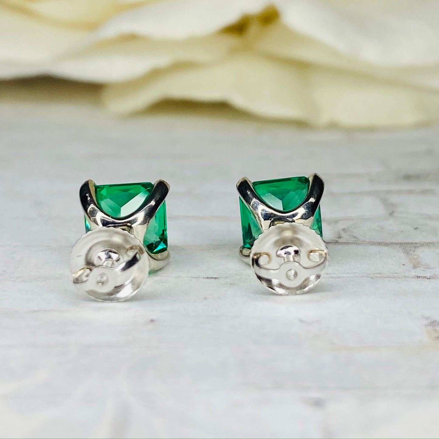 Radiant Cut Stud Earring 14k White Gold, Green Emerald Stud Earrings, Square Earrings White Gold, Unisex Earring Emerald Radiant Cut,  #7066