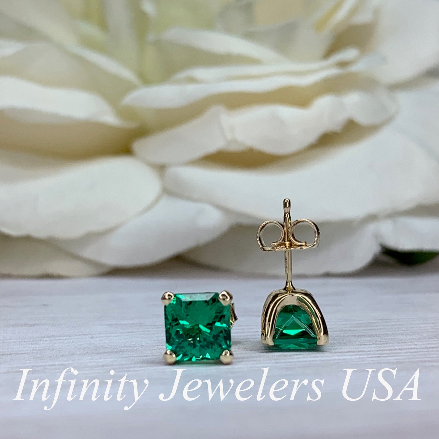 Radiant Cut Studs, Green Emerald Ladies Earring, Engagement Wedding Anniversary Gift, Dainty Jewelry, 14k Yellow Gold Ladies Studs, #6183
