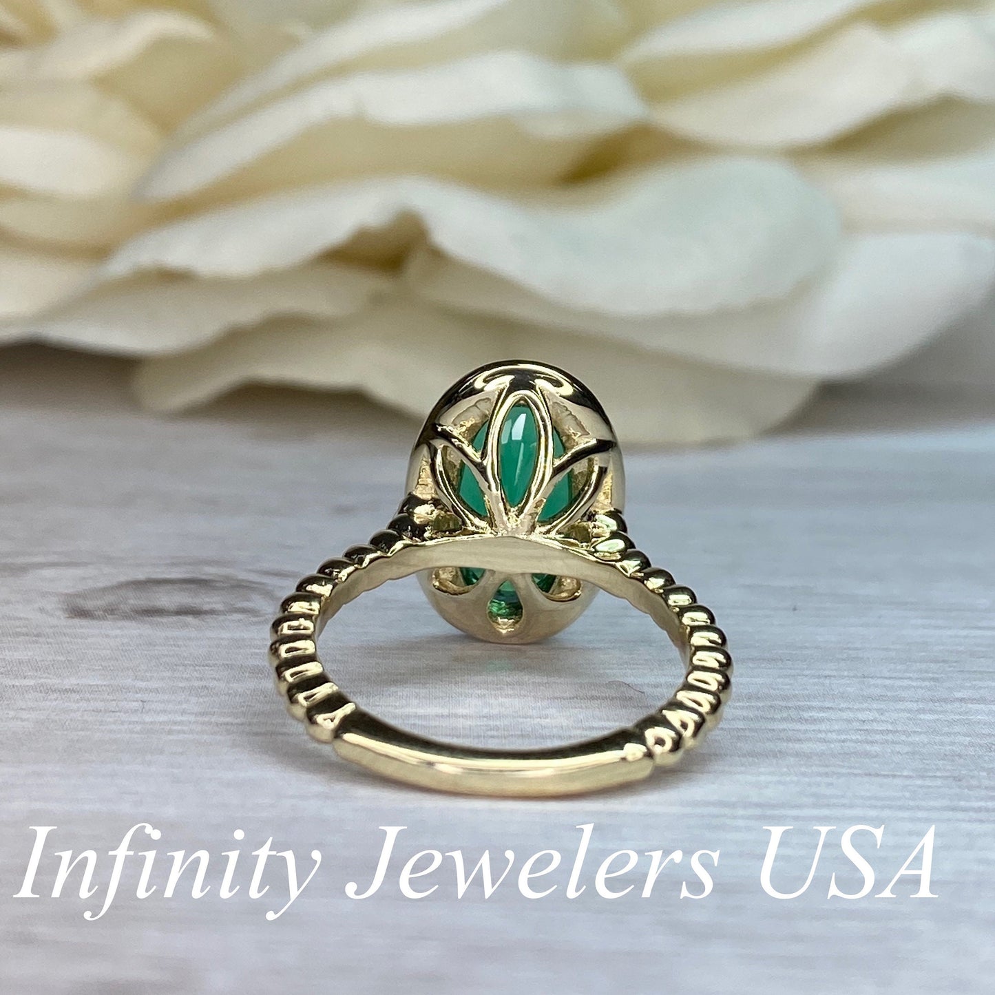 Elongated Oval Ladies Ring / Green Emerald Engagement Ring / Diamond And Emerald Wedding Ring / Anniversary Gift / 14k Yellow Gold / #6159