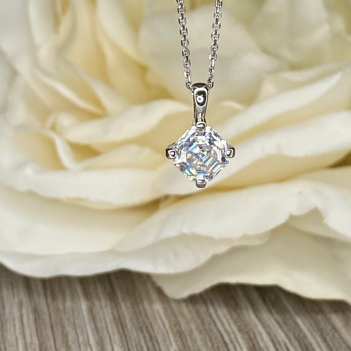 Asscher Moissanite Pendant Necklace 14k Gold, Simple Asscher Cut Necklace, Solitaire Necklace, Women's Square Necklace,  Holiday Gift