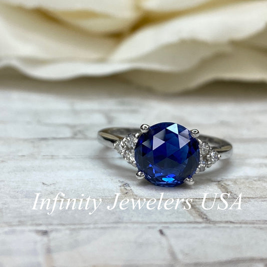 Blue Sapphire Engagement Ring 14K White Gold, September Birthstone Ring For Ladies, Round Sapphire Ring, Blue Sapphire Anniversary Ring