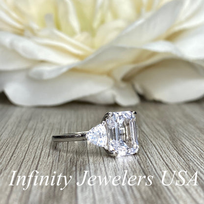 Emerald Cut Moissanite Engagement Ring, Three Stone Moissanite Ring, Moissaite Wedding Ring, Anniversary Ring, 14k Gold Ring,  #5649