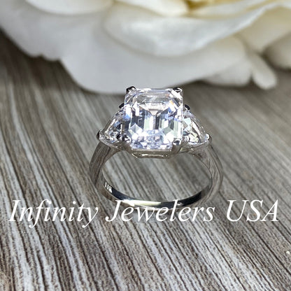 Emerald Cut Moissanite Engagement Ring, Three Stone Moissanite Ring, Moissaite Wedding Ring, Anniversary Ring, 14k Gold Ring,  #5649