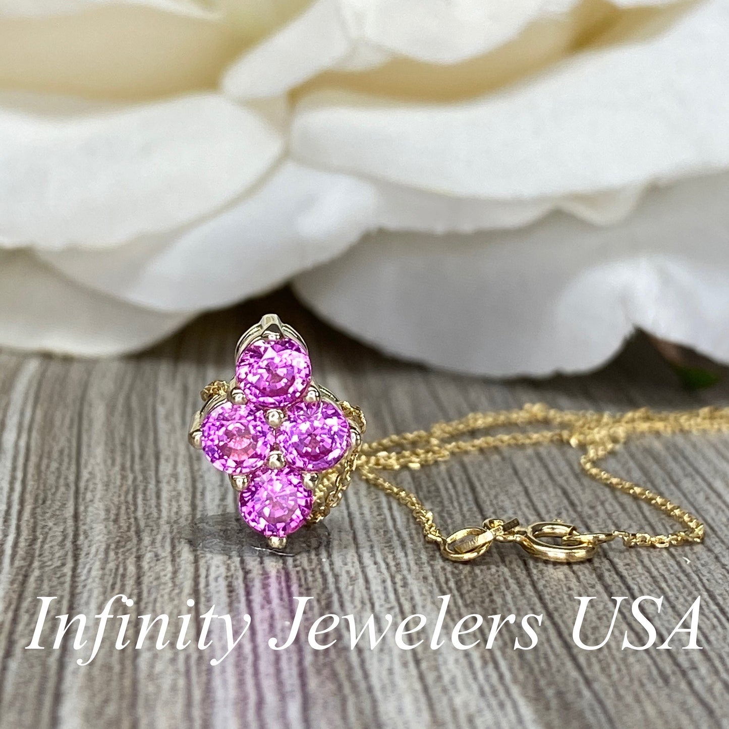 Pink Sapphire Pendant Necklace For Her, Ladies Family Birthstone Necklace 14k Yellow Gold,  Girls Sapphire Pink Birthstone Necklace,   #7079