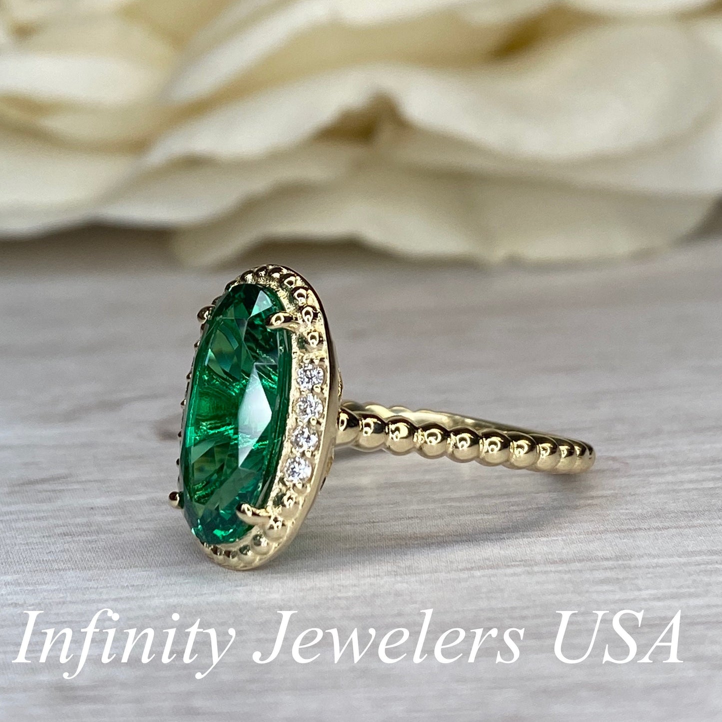Elongated Oval Ladies Ring / Green Emerald Engagement Ring / Diamond And Emerald Wedding Ring / Anniversary Gift / 14k Yellow Gold / #6159