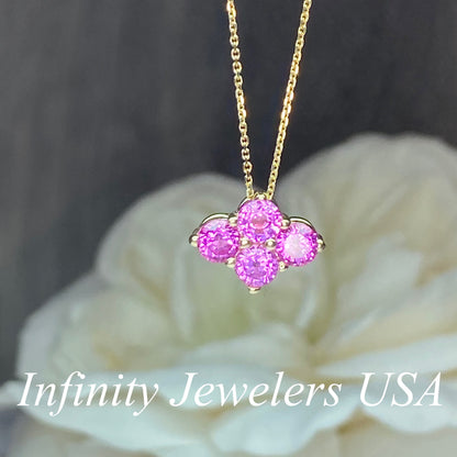 Pink Sapphire Pendant Necklace For Her, Ladies Family Birthstone Necklace 14k Yellow Gold,  Girls Sapphire Pink Birthstone Necklace,   #7079