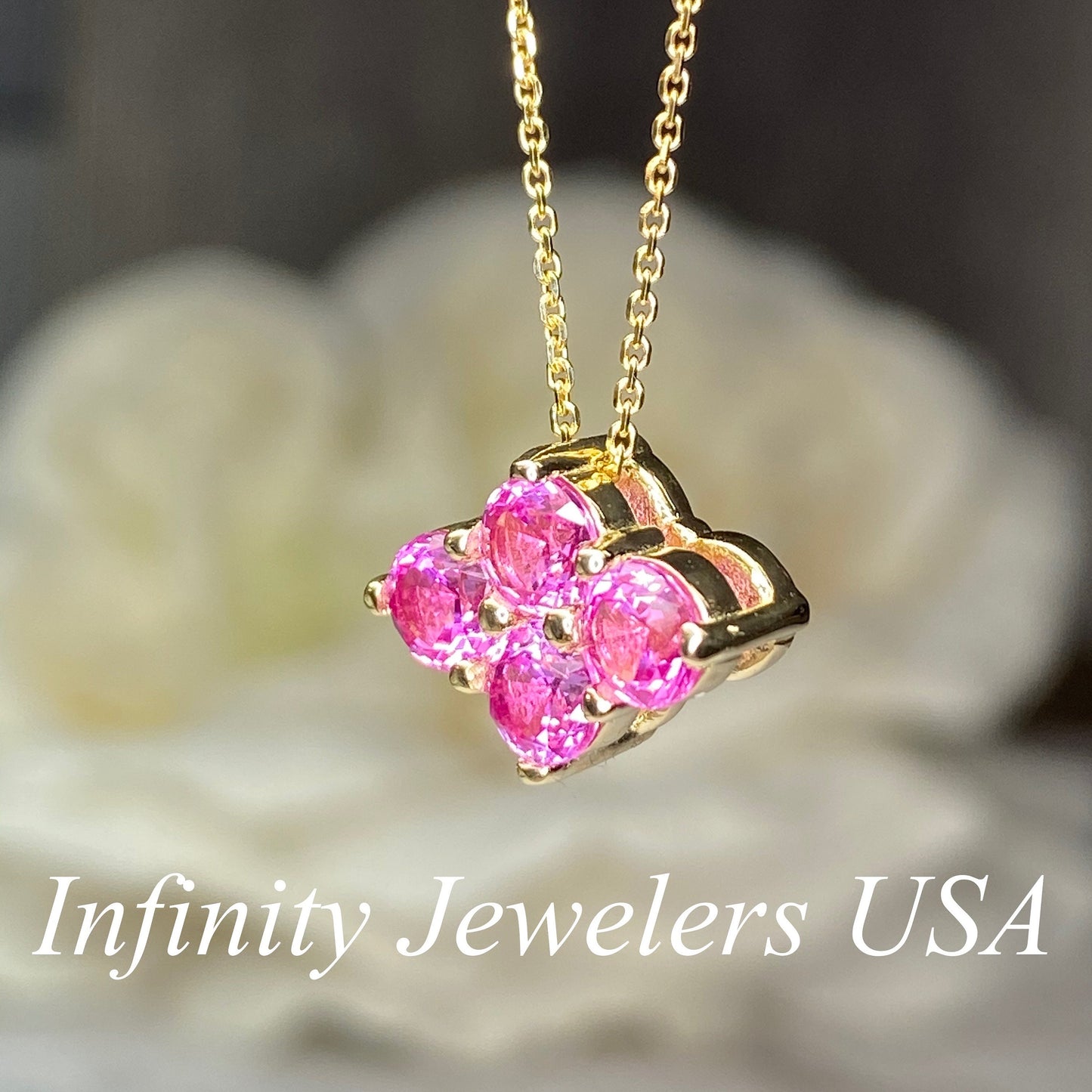 Pink Sapphire Pendant Necklace For Her, Ladies Family Birthstone Necklace 14k Yellow Gold,  Girls Sapphire Pink Birthstone Necklace,   #7079
