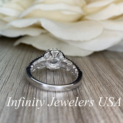 Round Moissanite Engagement Rings 14k Solid Gold , Unique Split Shank Diamond Wedding Ring , Moissanite and Diamond Halo Ring For Women #807