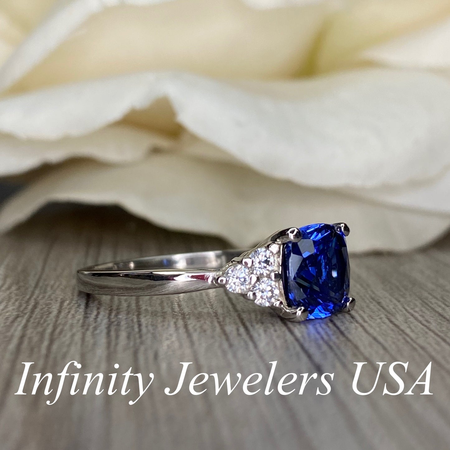 Cushion Cut Blue Sapphire Engagement Ring, 14k Gold Sapphire Cushion and Round Moissanite Cluster Ring, Cushion And Round Wedding Ring #7092