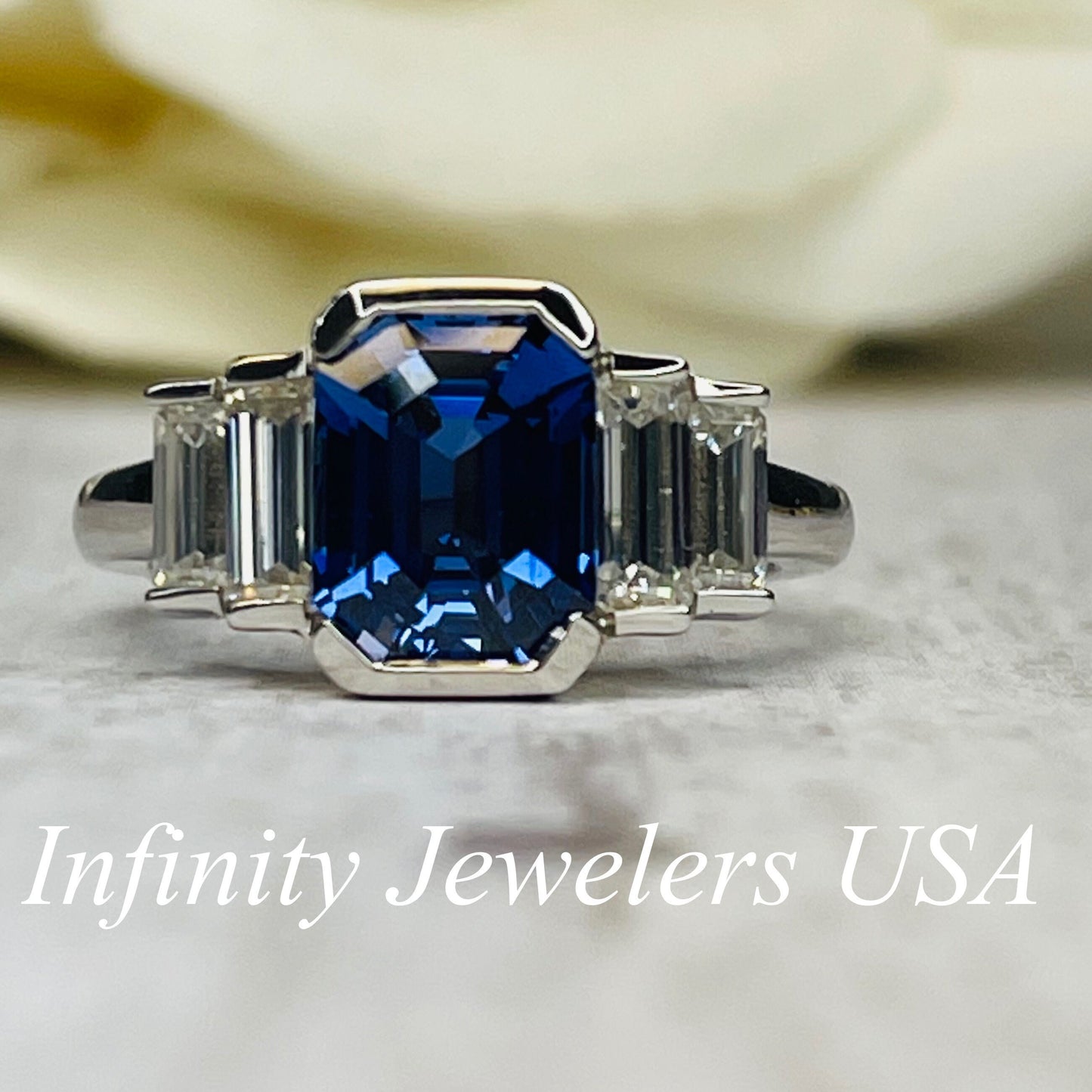Emerald Cut Blue Sapphire And Moissanite Engagement Ring, 14k White Gold Five Stone Bezel Set Sapphire And Moissanite Wedding Ring     #7106