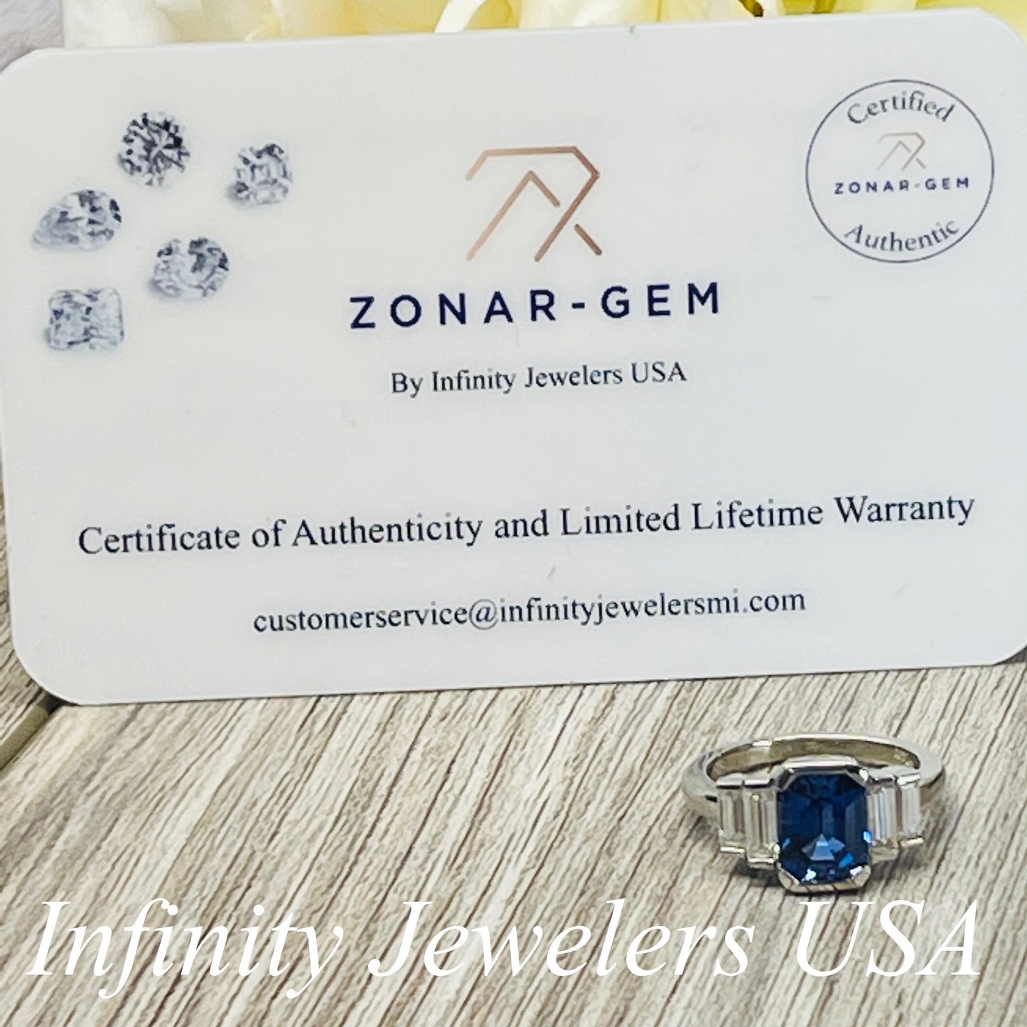 Emerald Cut Blue Sapphire And Moissanite Engagement Ring, 14k White Gold Five Stone Bezel Set Sapphire And Moissanite Wedding Ring     #7106