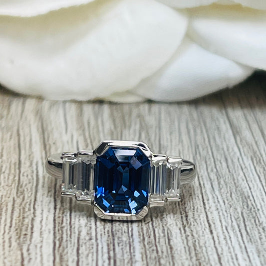 Emerald Cut Blue Sapphire And Moissanite Engagement Ring, 14k White Gold Five Stone Bezel Set Sapphire And Moissanite Wedding Ring     #7106