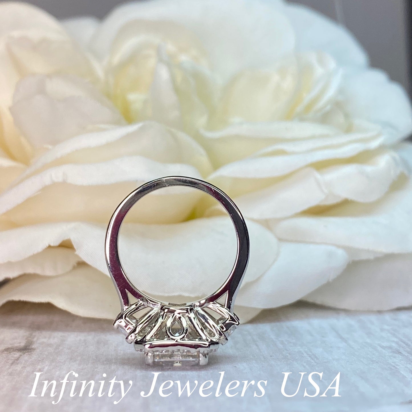 Emerald Cut Moissanite Engagement Ring, Moissanite Halo Wedding Ring For Her, Ladies 14k White Gold Trapezoid Moissanite Cluster Ring  #7108