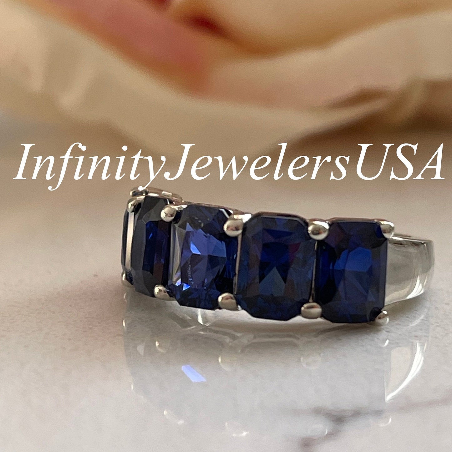 Blue Sapphire Wedding Band Radiant Cut 5 Stone Wide Gold Band 14K White Gold, Ladies Sapphire Wedding Ring, September Birthstone Ring