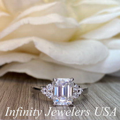Emerald Cut, Moissanite engagement ring set vintage unique white gold curved band engagement ring women wedding Bridal Promise ring #7103