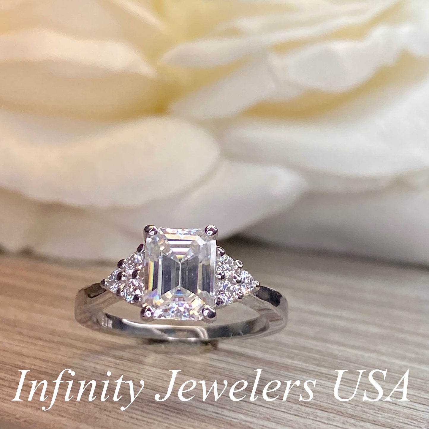 Emerald Cut, Moissanite engagement ring set vintage unique white gold curved band engagement ring women wedding Bridal Promise ring #7103