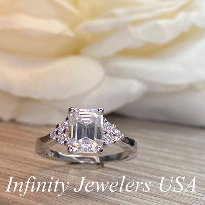 Emerald Cut, Moissanite engagement ring set vintage unique white gold curved band engagement ring women wedding Bridal Promise ring #7103