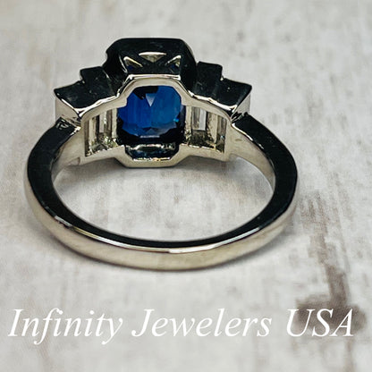 Emerald Cut Blue Sapphire And Moissanite Engagement Ring, 14k White Gold Five Stone Bezel Set Sapphire And Moissanite Wedding Ring     #7106