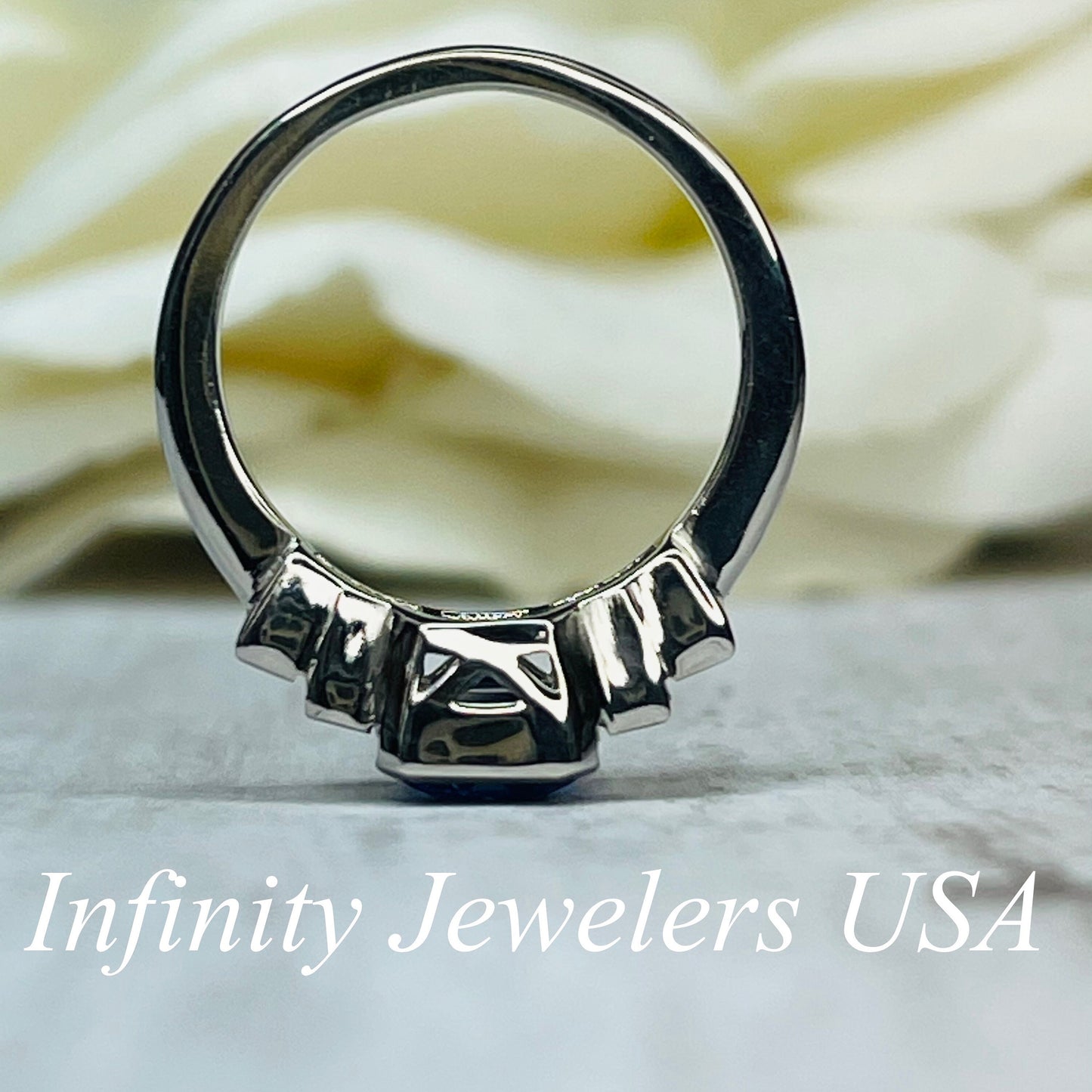 Emerald Cut Blue Sapphire And Moissanite Engagement Ring, 14k White Gold Five Stone Bezel Set Sapphire And Moissanite Wedding Ring     #7106