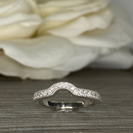 Diamond pave wedding band  with delicate vintage beaded edge design  14k white gold  #5279