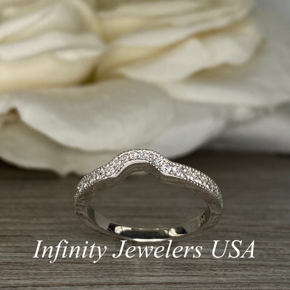 Diamond pave wedding band  with delicate vintage beaded edge design  14k white gold  #5279