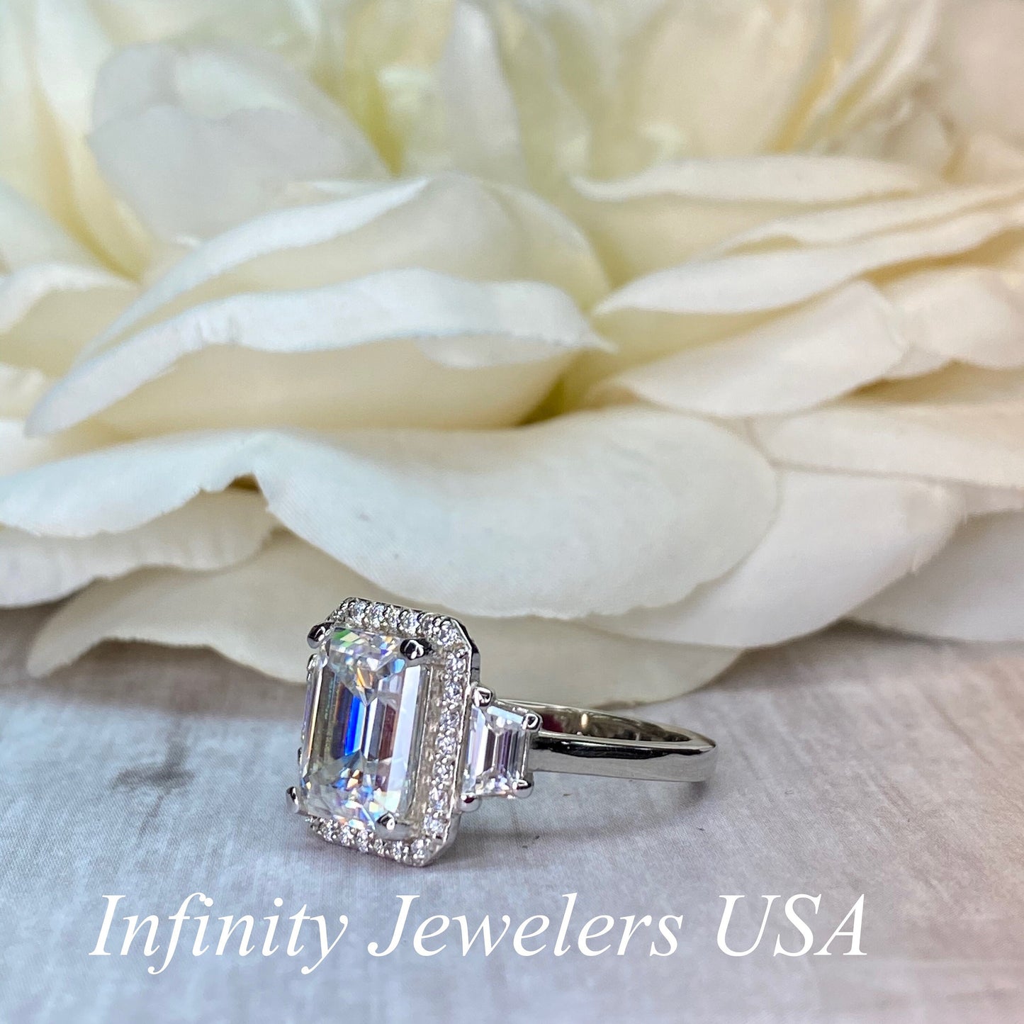 Emerald Cut Moissanite Engagement Ring, Moissanite Halo Wedding Ring For Her, Ladies 14k White Gold Trapezoid Moissanite Cluster Ring  #7108
