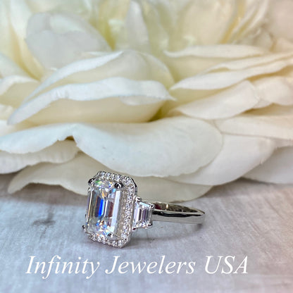 Emerald Cut Moissanite Engagement Ring, Moissanite Halo Wedding Ring For Her, Ladies 14k White Gold Trapezoid Moissanite Cluster Ring  #7108