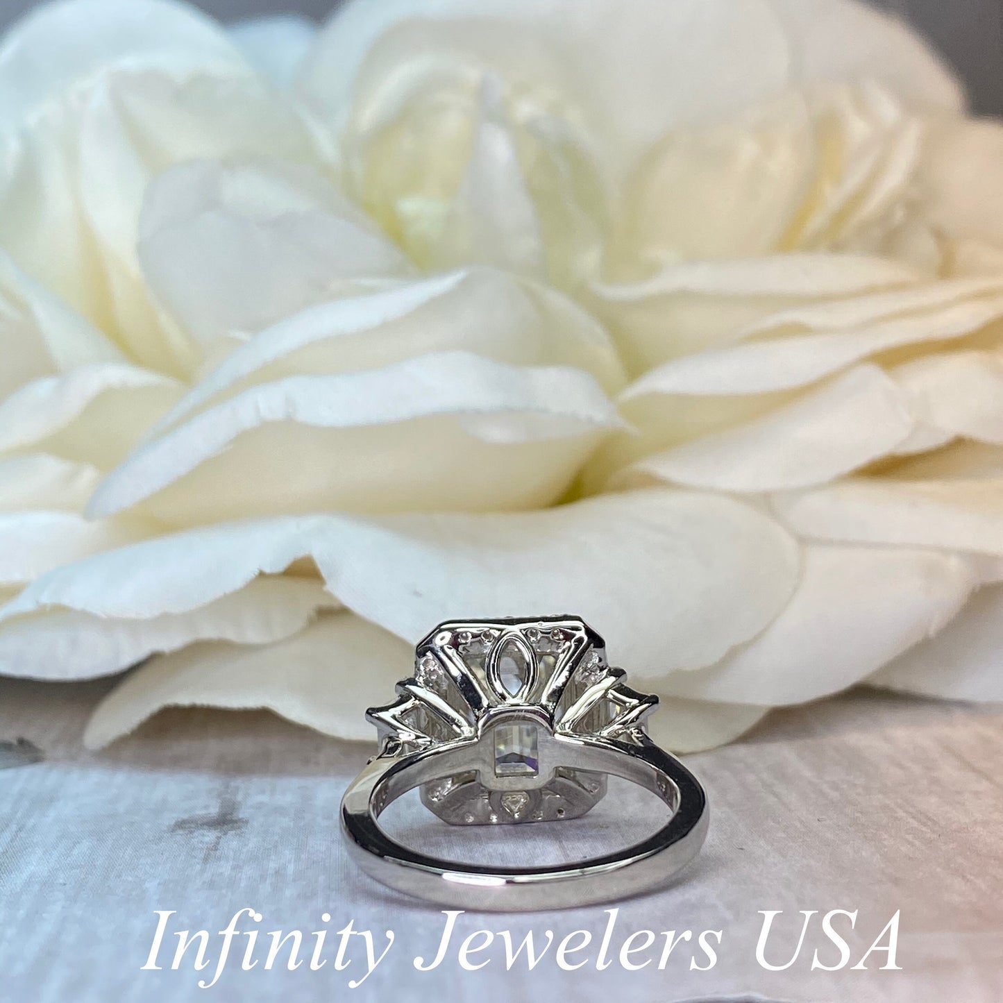 Emerald Cut Moissanite Engagement Ring, Moissanite Halo Wedding Ring For Her, Ladies 14k White Gold Trapezoid Moissanite Cluster Ring  #7108