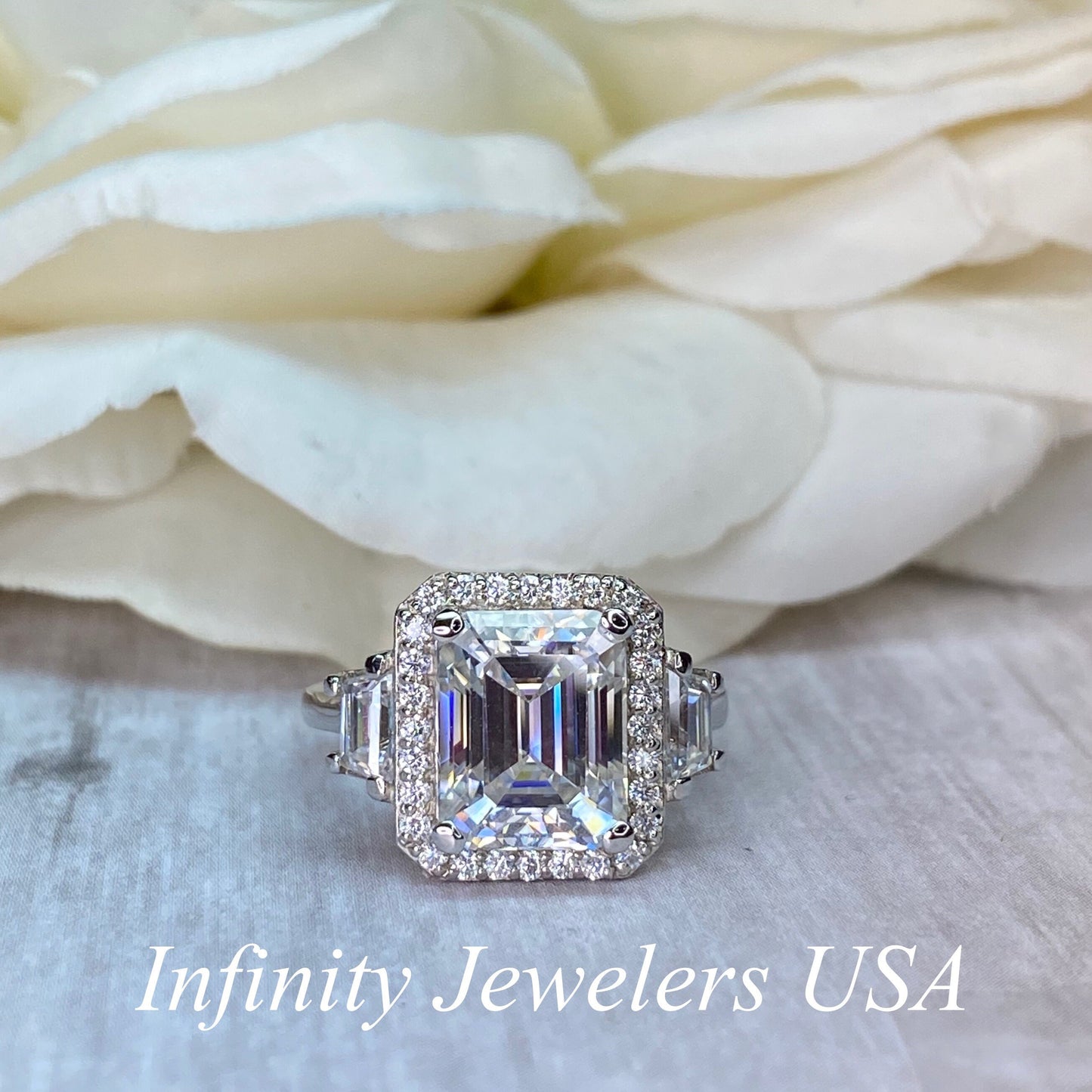 Emerald Cut Moissanite Engagement Ring, Moissanite Halo Wedding Ring For Her, Ladies 14k White Gold Trapezoid Moissanite Cluster Ring  #7108