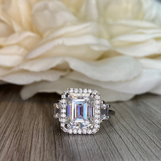 Emerald Cut Moissanite Engagement Ring, Moissanite Halo Wedding Ring For Her, Ladies 14k White Gold Trapezoid Moissanite Cluster Ring  #7108