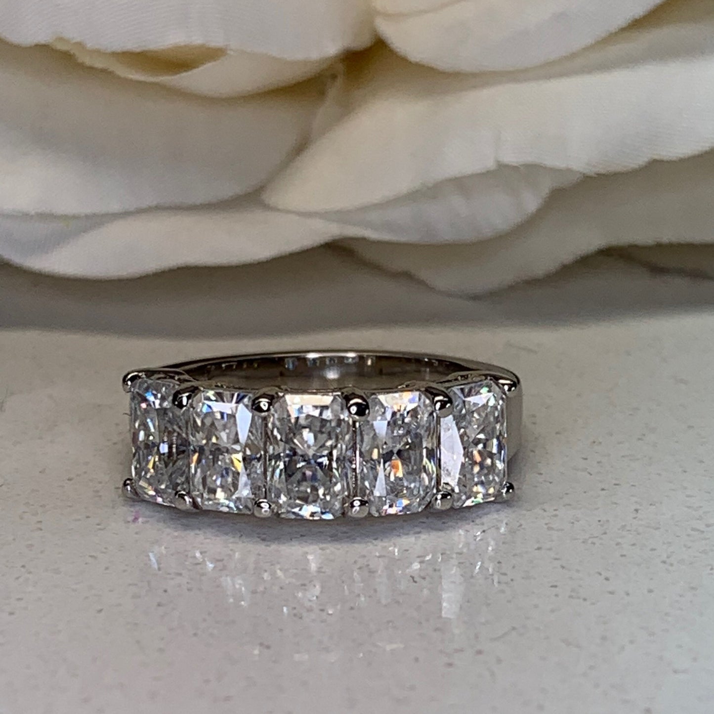Radiant Cut Moissanite Wedding Band, Five Stone Radiant Cut Moissanite Anniversary Ring For Her, 14k White Gold Moissanite Ladies Band #7101
