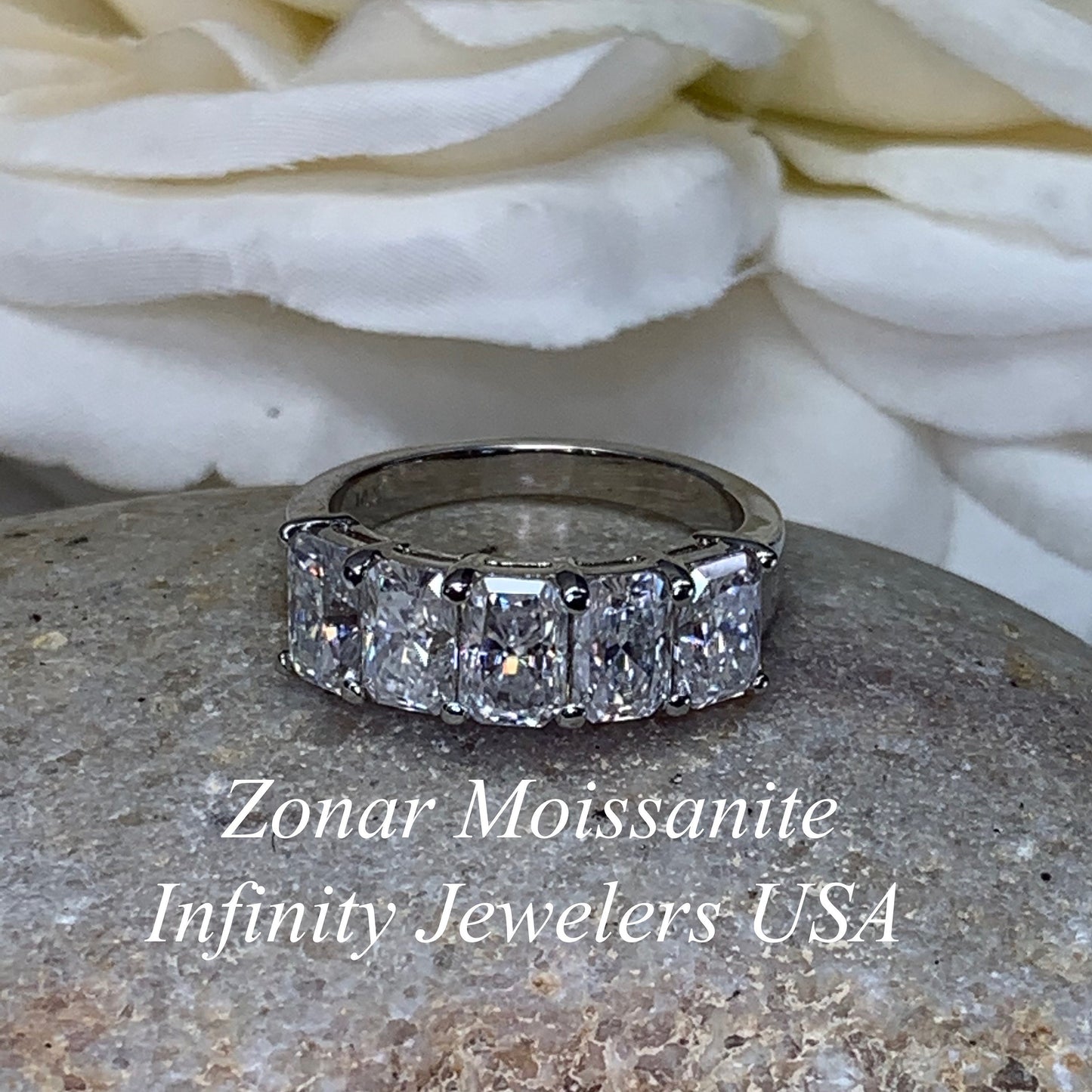 Radiant Cut Moissanite Wedding Band, Five Stone Radiant Cut Moissanite Anniversary Ring For Her, 14k White Gold Moissanite Ladies Band #7101