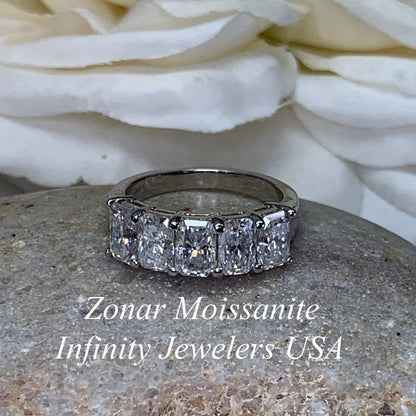 Radiant Cut Moissanite Wedding Band, Five Stone Radiant Cut Moissanite Anniversary Ring For Her, 14k White Gold Moissanite Ladies Band #7101