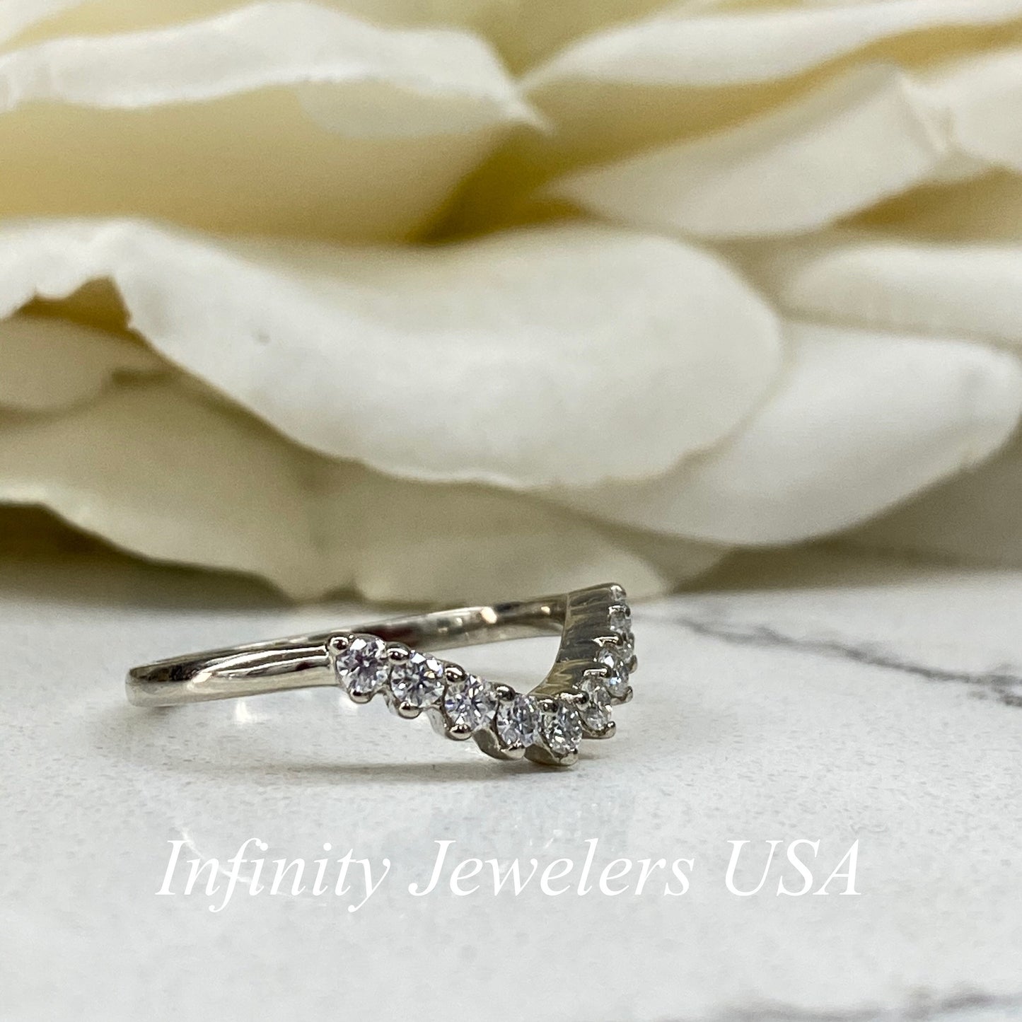 Curved Moissanite Wedding Band, Ladies Universal Matching Moissanite Band, 14k White Gold Delicate Diamond Curved Wedding Ring For Her #7116